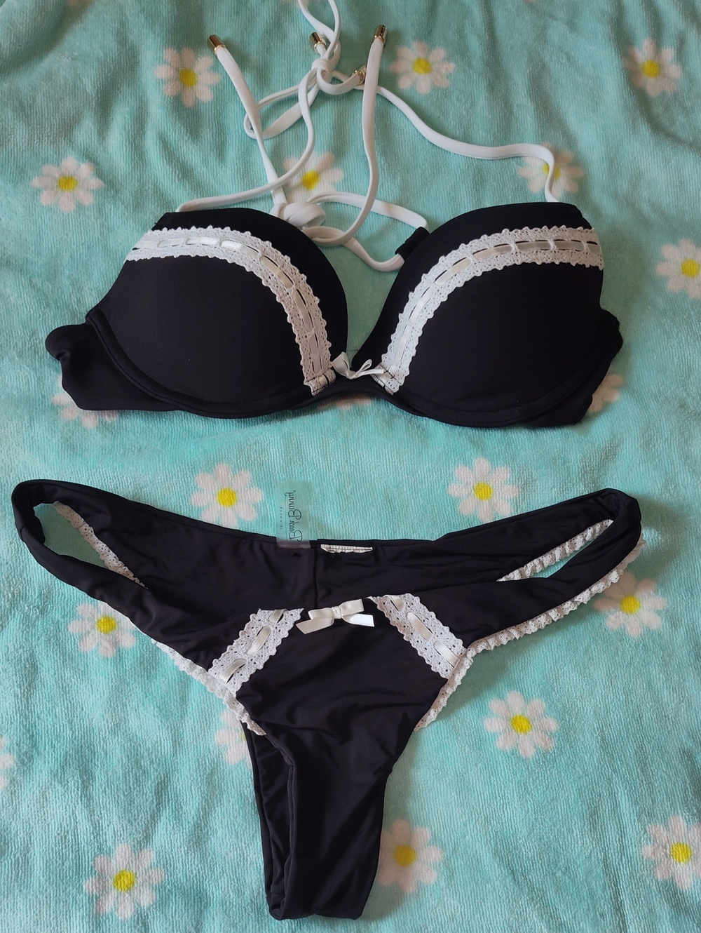 Beach Bunny Black Bikini with White Lace Trim